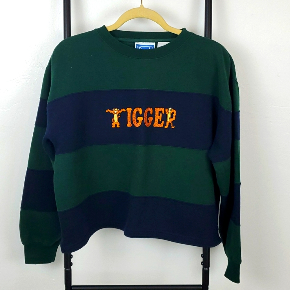 Vintage Disney Pooh & Tigger Embroidered Striped Sweatshirt Cozy Cartoon Pullove